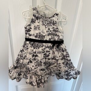Janie and Jack Black and White Toile Ruffle Dress with Velvet Waist Bow